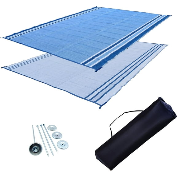 by EZ Travel Mats Reversible RV Outdoor Rug for Backyards, Beaches, Camping Grounds, Patios, and More, Storage Bag and Mat Stakes Included, Blue/Ocean (9x18)