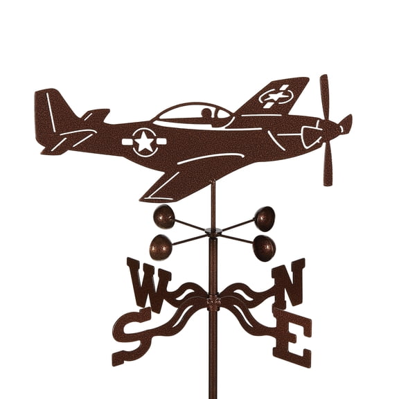 EZ Vane P-51 Mustang Airplane Weathervane — Garden Mount, Wind Cups, Antique Copper Finish, Steel with Durable Triple Powder Coating, Handcrafted in USA