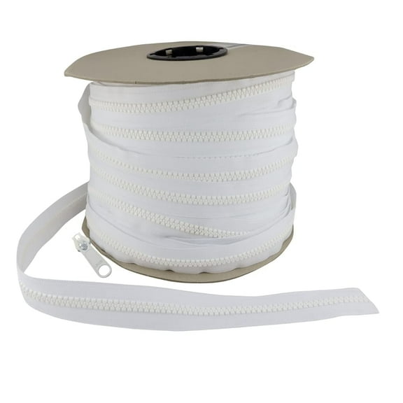 EZ-Xtend #10 Lenzip Plastic Molded Plastic Tooth Chain Zipper By The Yard - Non-Locking Sliders WHITE (10 Yards & 8 Single Pulls Non-Locking)