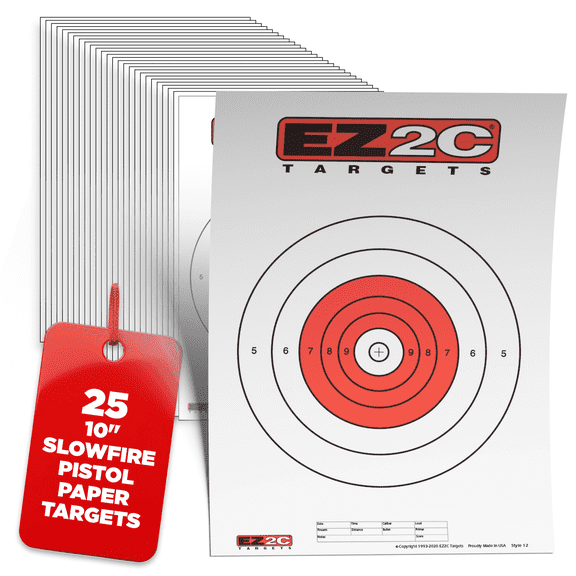 25 EZ2C Targets Style 12: 25 Yard Slow Fire Pistol Bullseye Paper Targets 11"x17" Tear-Off pad of 25 (B16)