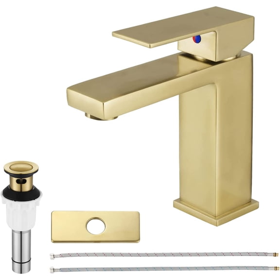 EZANDA Single-Handle Bathroom Sink Faucet with Escutcheon, Pop Up Drain Stopper & Water Supply Hoses, Brushed Gold