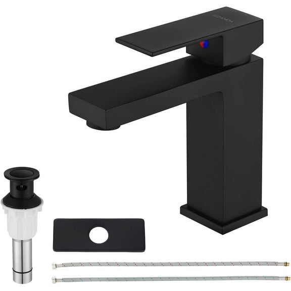 EZANDA Single-Handle Bathroom Sink Faucet with Escutcheon, Pop Up Drain Stopper & Water Supply Hoses, Matte Black