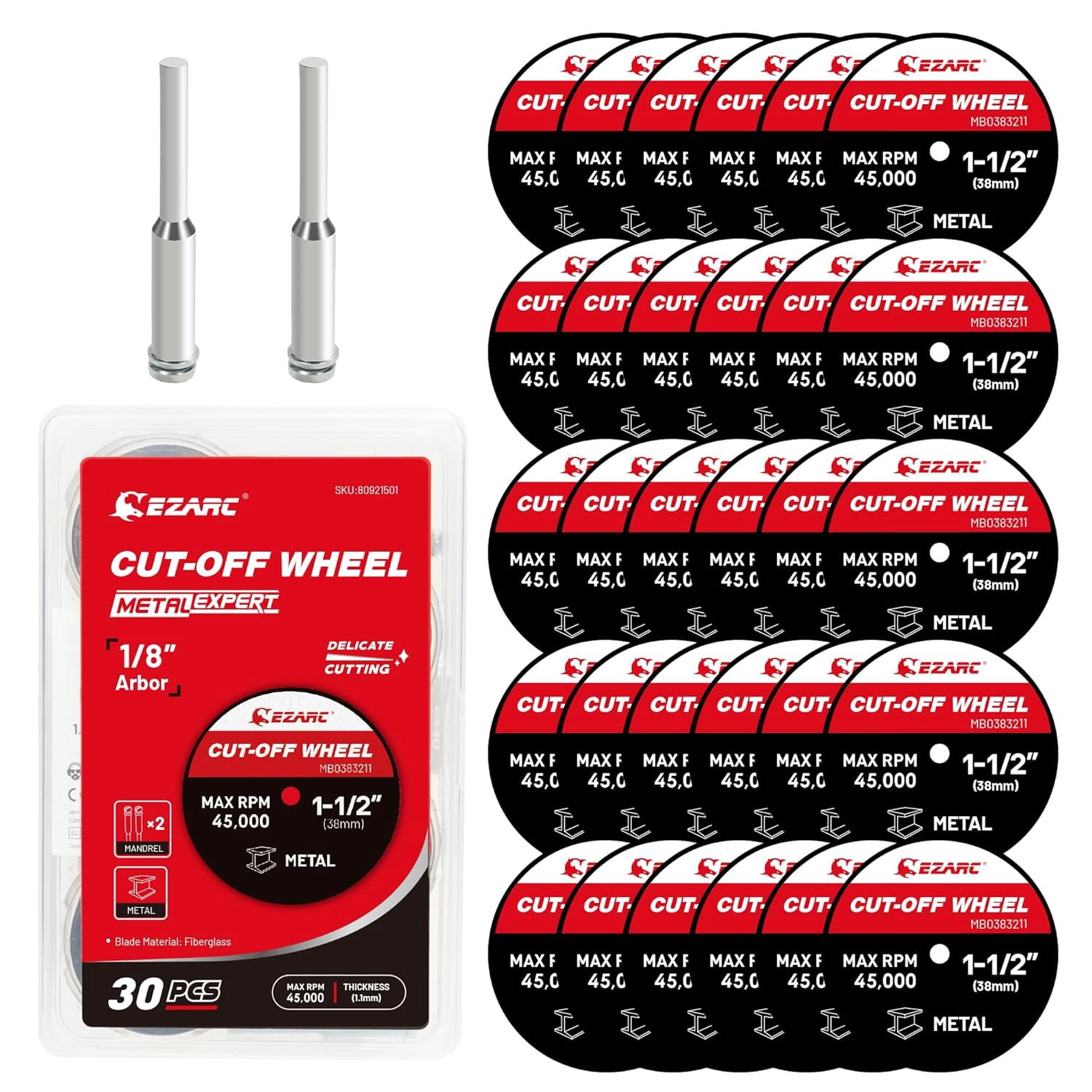 1-1/2 Cut Off Wheels, 1.5" x 1/8" Fiberglass Reinforced Rotary Tool Cutting Disc Accessories Include Mandrels, 32-Pack