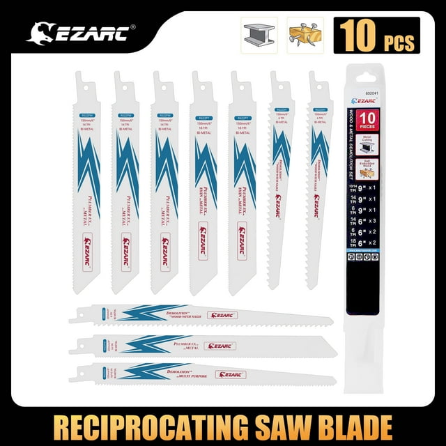 EZARC 10Piece Reciprocating Saw Blades 6 to 9 Inch BiMetal Demolition Blade Set for Wood and