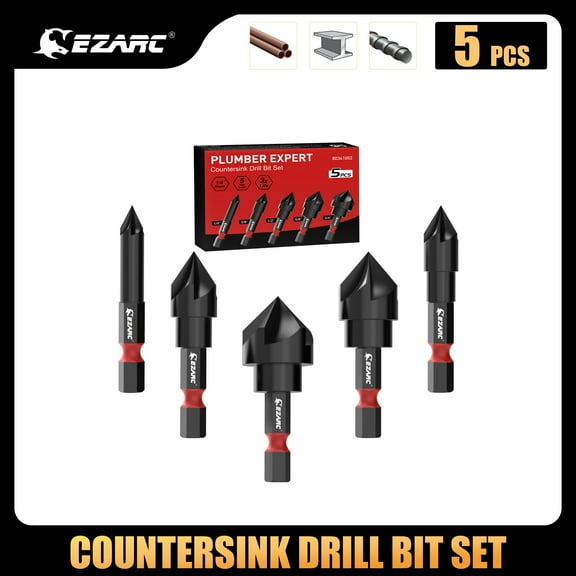 EZARC Countersink Drill Bit Set for Metal, 5PCS Countersunk Bits 82 Degree 5 Flute, 1/4 3/8 1/2 5/8 3/4, 1/4 Inch Hex Shank Countersunk Bit Set