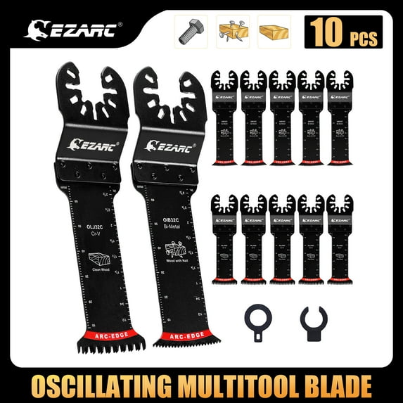 EZARC Oscillating Saw Blades - 10PCS Extra-Long Reach Arc Edge Multitool with Japanese Teeth, CRV and Bi-Metal Clean Cut for Wood Metal, Universal Quick Release Tool Kits
