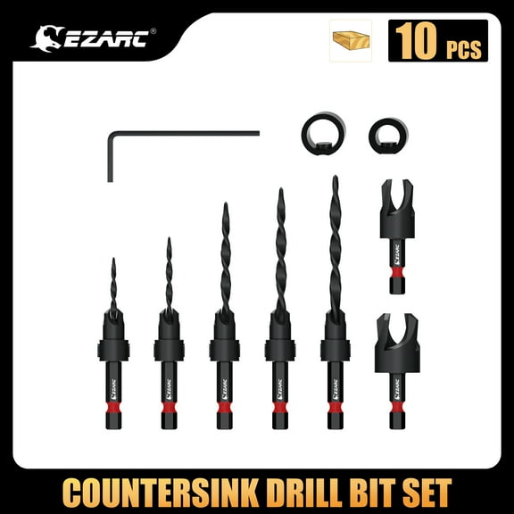 EZARC Wood Countersink Drill Bit Set, 4, 6, 8, 10, 12 Tapered Drill Bits, with 1/4" Hex Shank, Counter Sinker Set for Woodworking and Carpentry