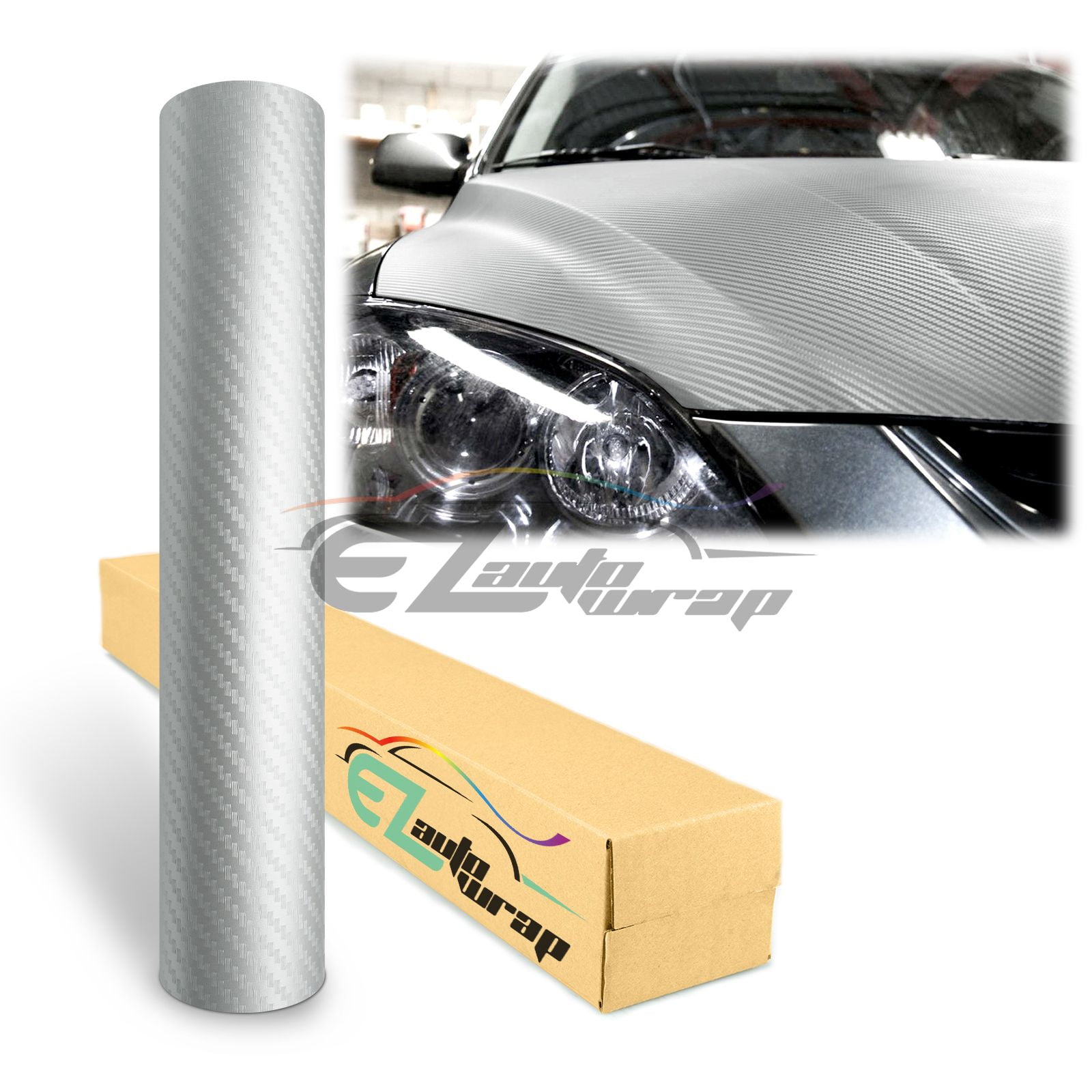 EZAUTOWRAP 3D Carbon Fiber Textured Silver Car Vinyl Wrap Sticker Decal Film Sheet Decoration