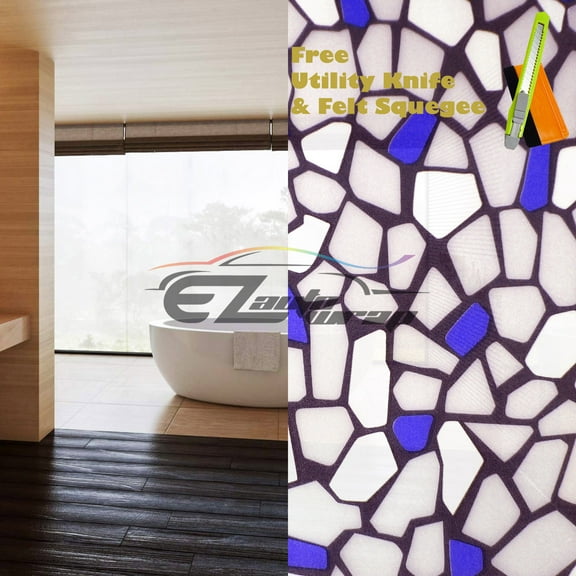 EZAUTOWRAP Blue Brick Frosted Glass Peel And Stick Window Film Home Bedroom Bathroom Privacy Waterproof Sticker Decal