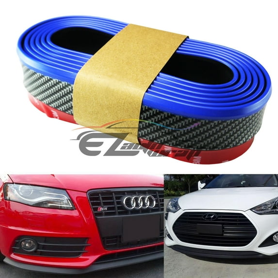 EZAUTOWRAP Universal Carbon Fiber Blue / Black 8ft PU Rubber Front Bumper Lip Splitter Spoiler Chin Body Kit Facia Chin