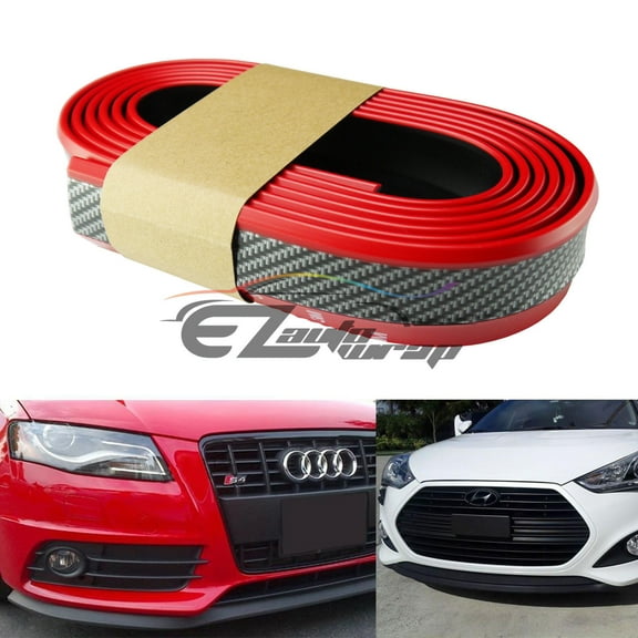 EZAUTOWRAP Universal Carbon Fiber Red / Black 8ft PU Rubber Front Bumper Lip Splitter Spoiler Chin Body Kit Facia Chin