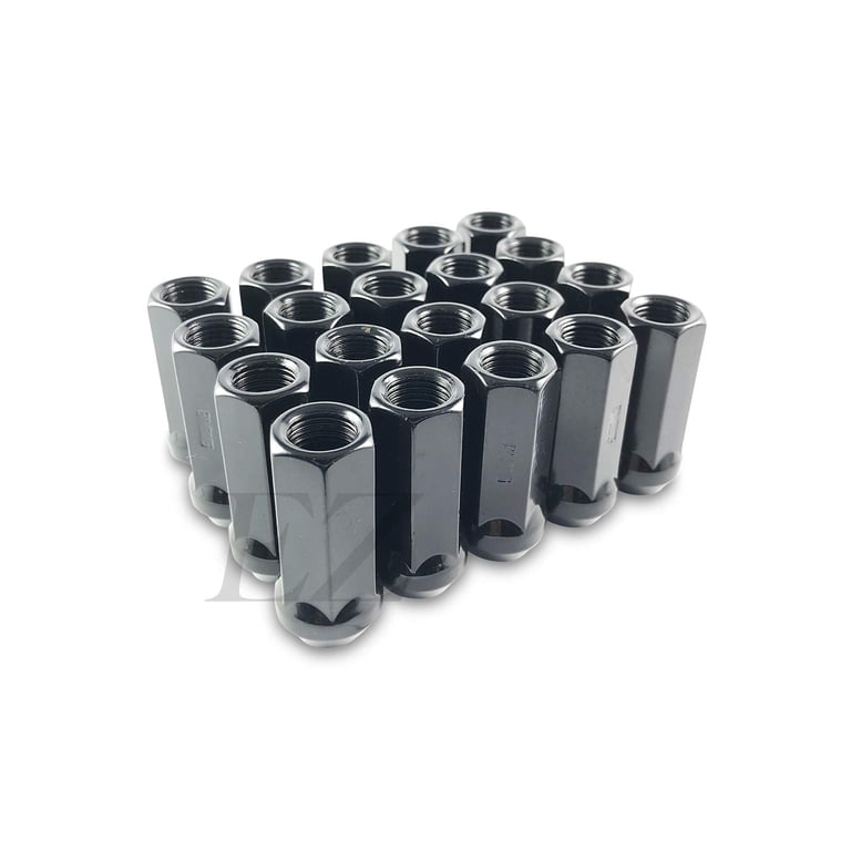 24x Open End Bulge Acorn Lug Nuts – 14x2.0 Thread – Black Finish – 19mm Hex