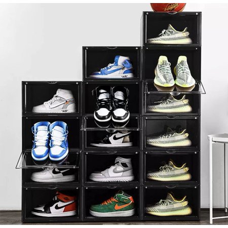 EZB - Magnetic Shoe Storage Box Drop Side/Front Sneaker Case Stackable Container XL (Obsidian Black, 2 Pack)