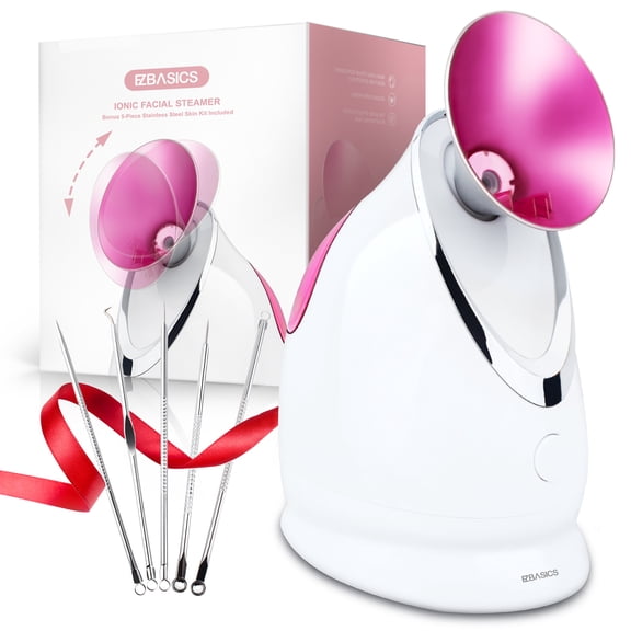 EZBASICS Facial Steamer, Nano Ionic Warm Mist Face Humidifier with Aromatherapy Design (Pink)