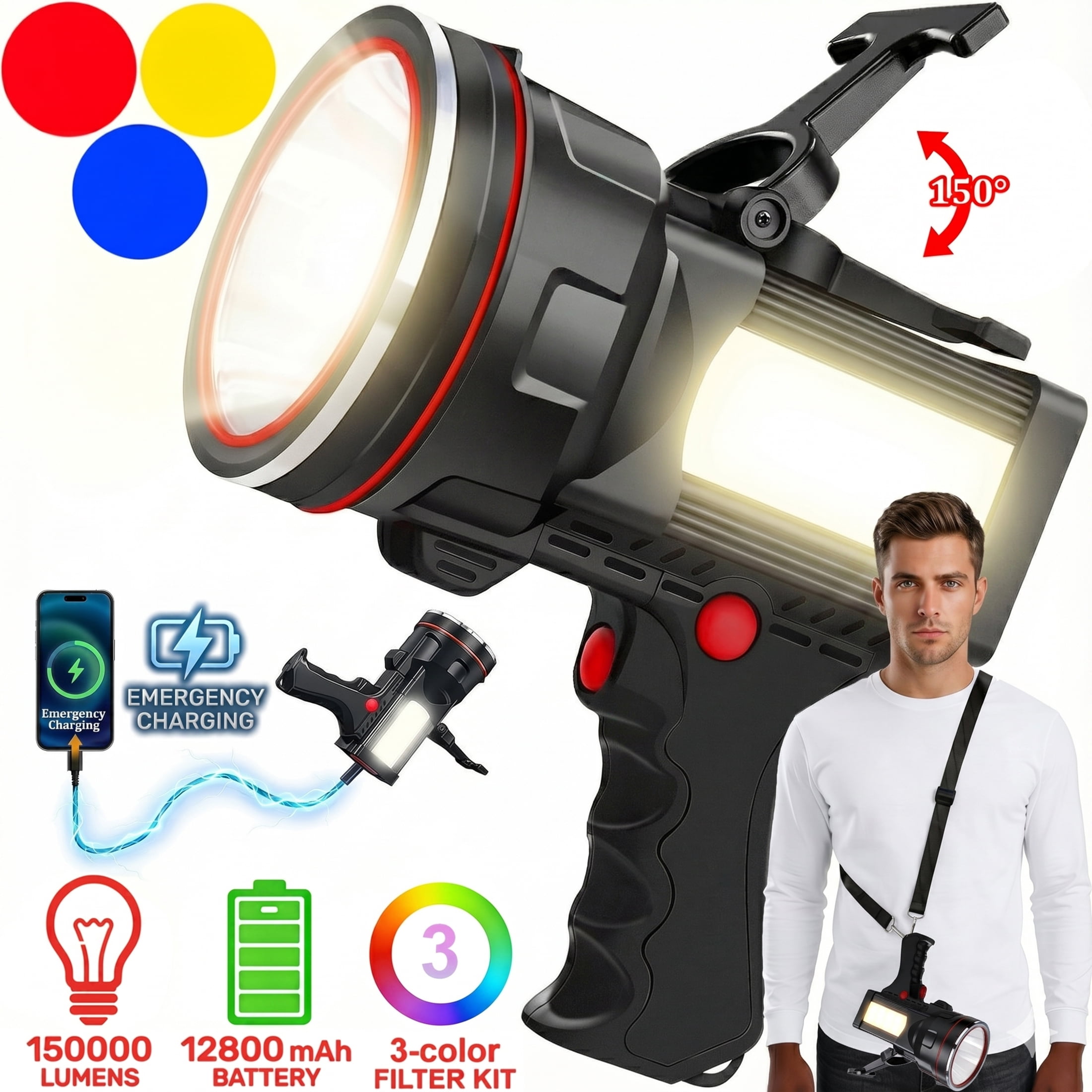 EZBY Flashlight,150000 Lumens Rechargeable Spotlight Flashlight,12800mAh High Power LED Handheld Spotlight with 6 Modes, 7 Colors,Waterproof for Camping Hunting Emergency