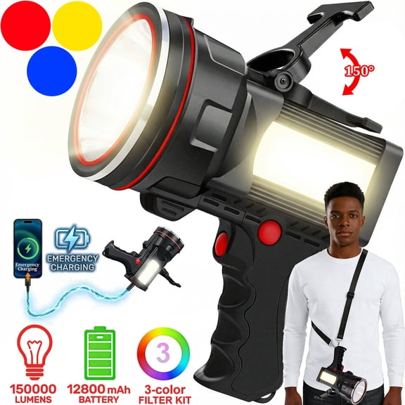 EZBY Flashlight,150000 Lumens Rechargeable Spotlight Flashlight,12800mAh High Power LED Handheld Spotlight with 6 Modes, 7 Colors,Waterproof for Camping Hunting Emergency