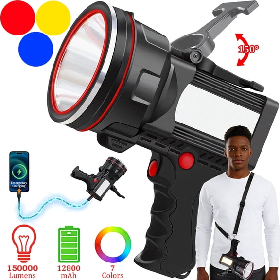 EZBY Flashlight 150000 Lumens Rechargeable Spotlight Flashlight,12800mAh High Power LED Handheld Spotlight with 6 Modes, 7 Colors,Waterproof for Camping Hunting Emergency