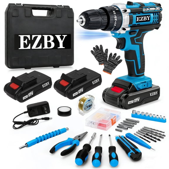 EZBY 21V Cordless Drill Set,Electric Power Drill Driver with 2 Batteries and Screw Kit,3/8" Keyless Chuck,2 Variable Speed, for Home Repair & DIY