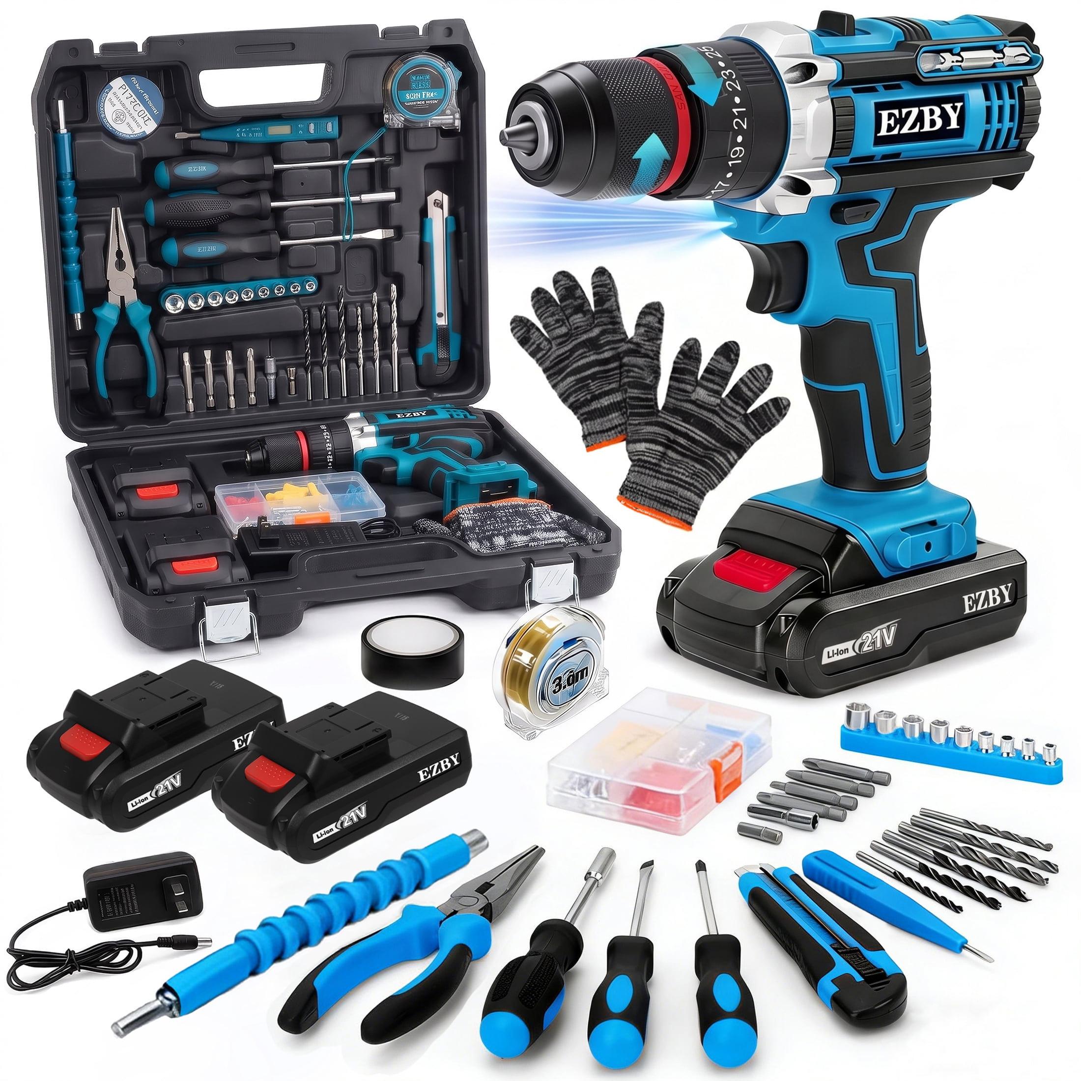 EZBY 21V Cordless Drill Set,Electric Power Drill Driver with 2 Batteries and Screw Kit,3/8" Keyless Chuck