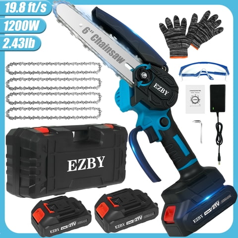 EZBY 6" Mini Chainsaw with 2 Batteries 4 Chains, 6 Inch Portable Cordless Handheld Chain Saw Set for Wood Cutting Tree Trimming