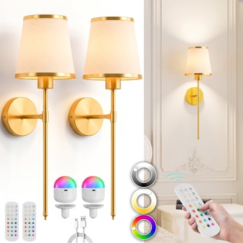 EZBY Battery Operated Wall Sconces, 6000mAh Wireless LED Wall Lights with Magnetic Detachable Bulb, Elegant Fabric Shade and Metal Bracket, Remote Control, 3 Colors & 12 RGB Dimmable Lamp