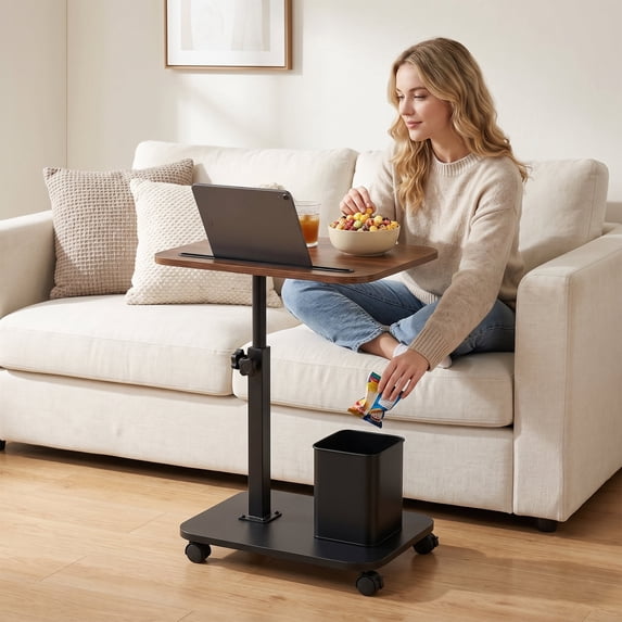 EZBY C Shaped End Table with Built-In Tablet Groove, 360° Swivel Sofa Side Table, Adjustable Height Mobile Laptop Desk for Couch and Bed