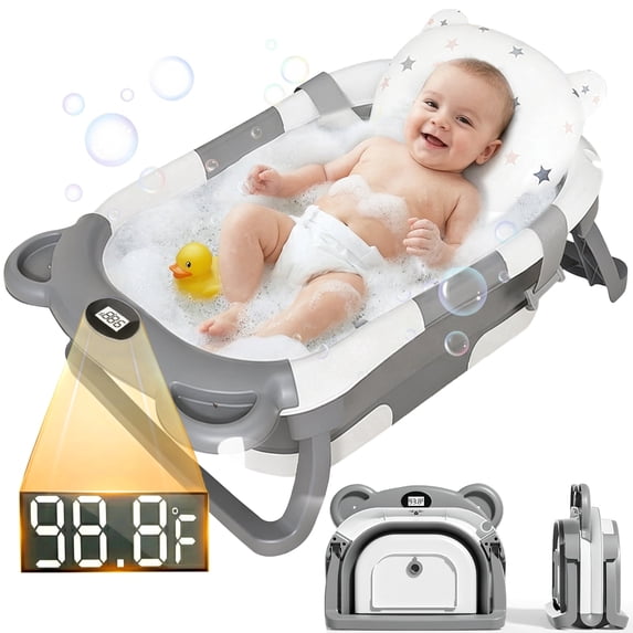 EZBY Collapsible Baby Bathtub with Temperature Sensor,Double Foldable Infant to Toddler Bath Tub,Non-Slip & Space-Saving Design, 0-3 Years