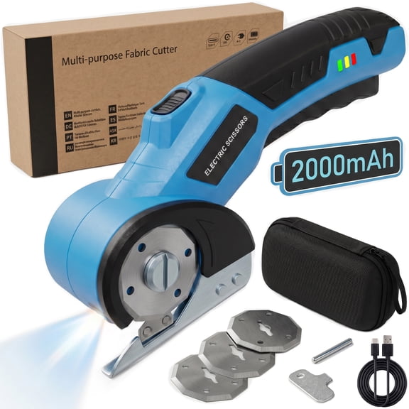 EZBY Cordless Electric Scissors,Rechargeable Rotary Fabric Cutter & Cardboard Cutter with 3 Blades,2000mAh Battery,Heavy Duty Box Cutter for Crafts,Carpet,Leather and Plastic