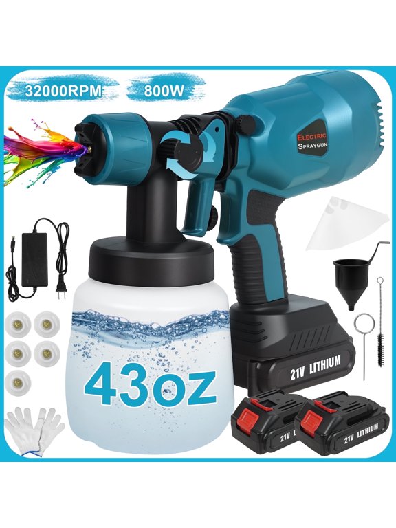Cordless Paint Sprayer , 800W Electric Paint Sprayer with 1200ML Container& 2 Batteries for Painting Ceiling, Fence, Cabinets, Walls