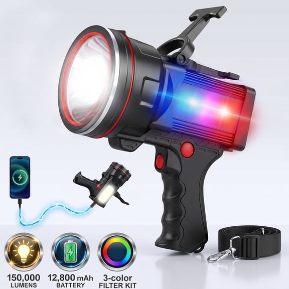 EZBY Handheld Spotlight Flashlight, 12800mAh Rechargeable Flashlight, 6 Modes Searchlight with Side Work Light & Red/Blue Warning, for Camping Hunting, Boating