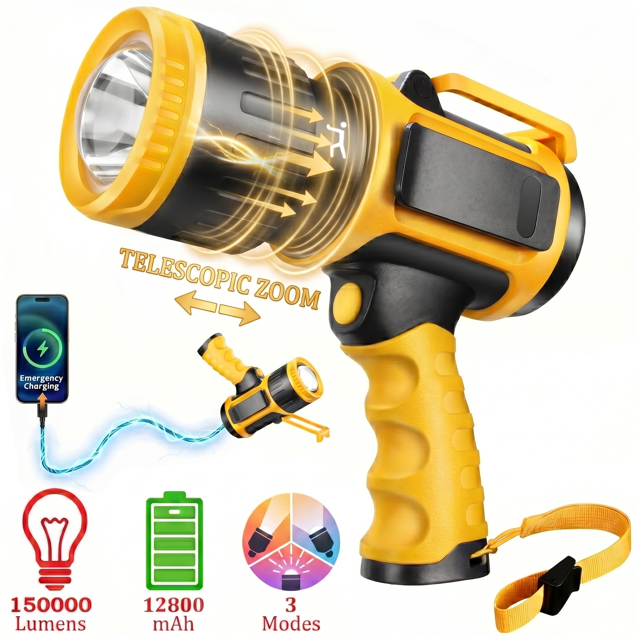EZBY Spotlight, 150000 Lumens Rechargeable Flashlight, High Powered Zoomable LED Spotlight with Adjustable Focus, 12800mAh Battery, USB Power Bank, Aluminum Alloy Body for Camping Hiking