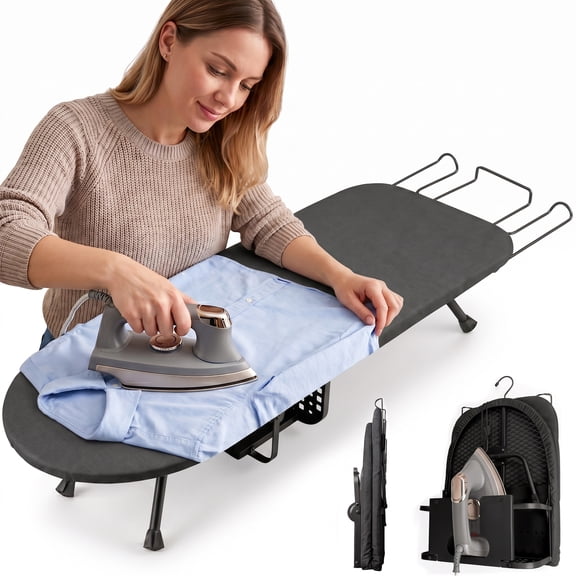 EZBY Tabletop Ironing Board with Foldable Iron Holder & Wall Mount Hook,Portable Folding Iron Board for Small Spaces, Carbon Steel Mesh with Heat Resistant Cover, Black
