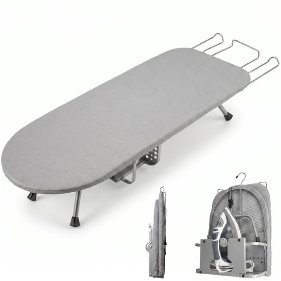 EZBY Tabletop Ironing Board with Foldable Iron Holder & Wall Mount Hook,Portable Folding Iron Board for Small Spaces, Carbon Steel Mesh with Heat Resistant Cover, Gray