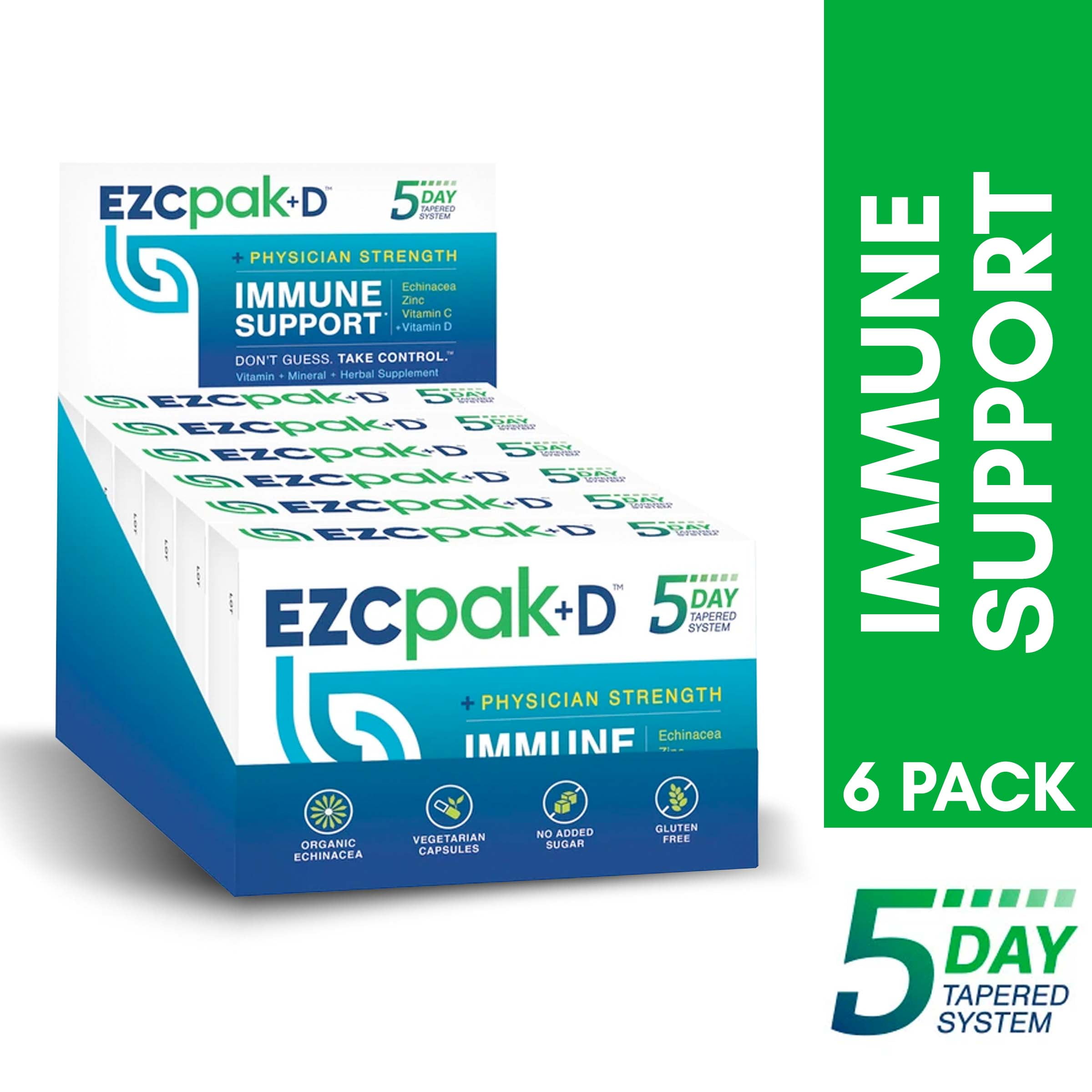 EZC Pak+D 5-Day Immune System Booster with Echinacea, Vitamin D, Vitamin C and Zinc Supplements for Immune Support (Pack of 6)