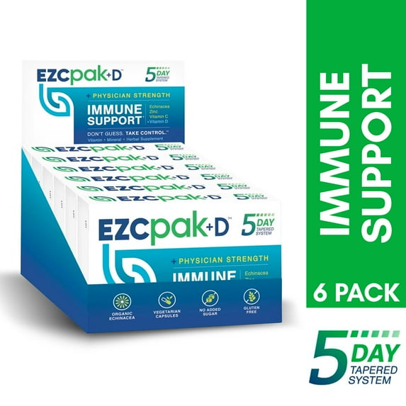 EZC Pak+D 5-Day Immune System Booster with Echinacea, Vitamin D, Vitamin C and Zinc Supplements for Immune Support (Pack of 6)
