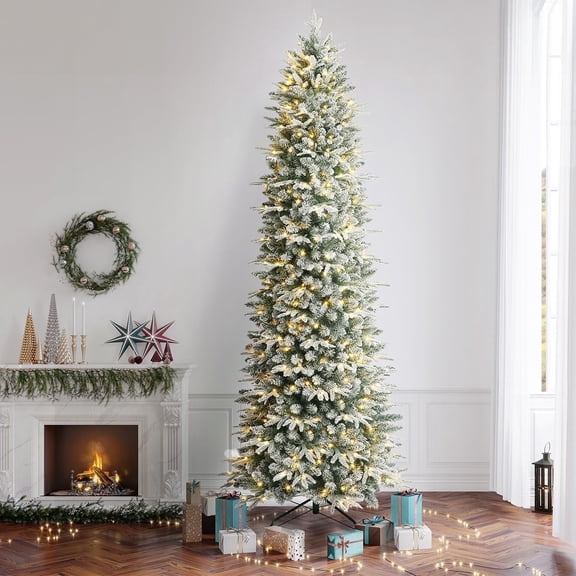 Jostyle 6FT Pre-lit Snow Flocked Slim Christmas Tree with 300 Warm White LED Lights 1300 Branch Tips