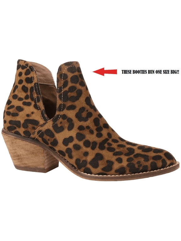 Sunny-01 Women Western Short Ankle Pointed Toe Booties Boots Animal Leopard Print V Side Cut D'Orsay Faux Suede Leather Block Heel Size Run Big US Size 8