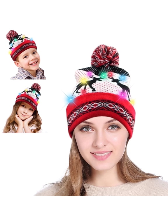 10-LED Light up Christmas Hat Santa Knitted Beanie Hat for Adult Kids Cap Unisex Xmas Party Beanie Cap, over 13 Year of Age