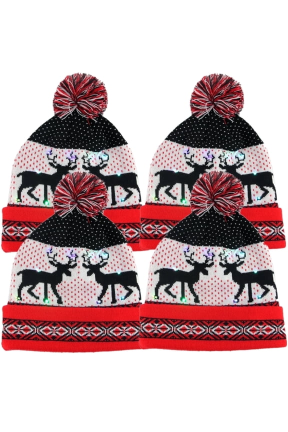 10-LED Light up Santa Knitted Beanie Hat, 4 Counts, Christmas Hat Cap Unisex Xmas Party Beanie Cap, over 13 Year of Age