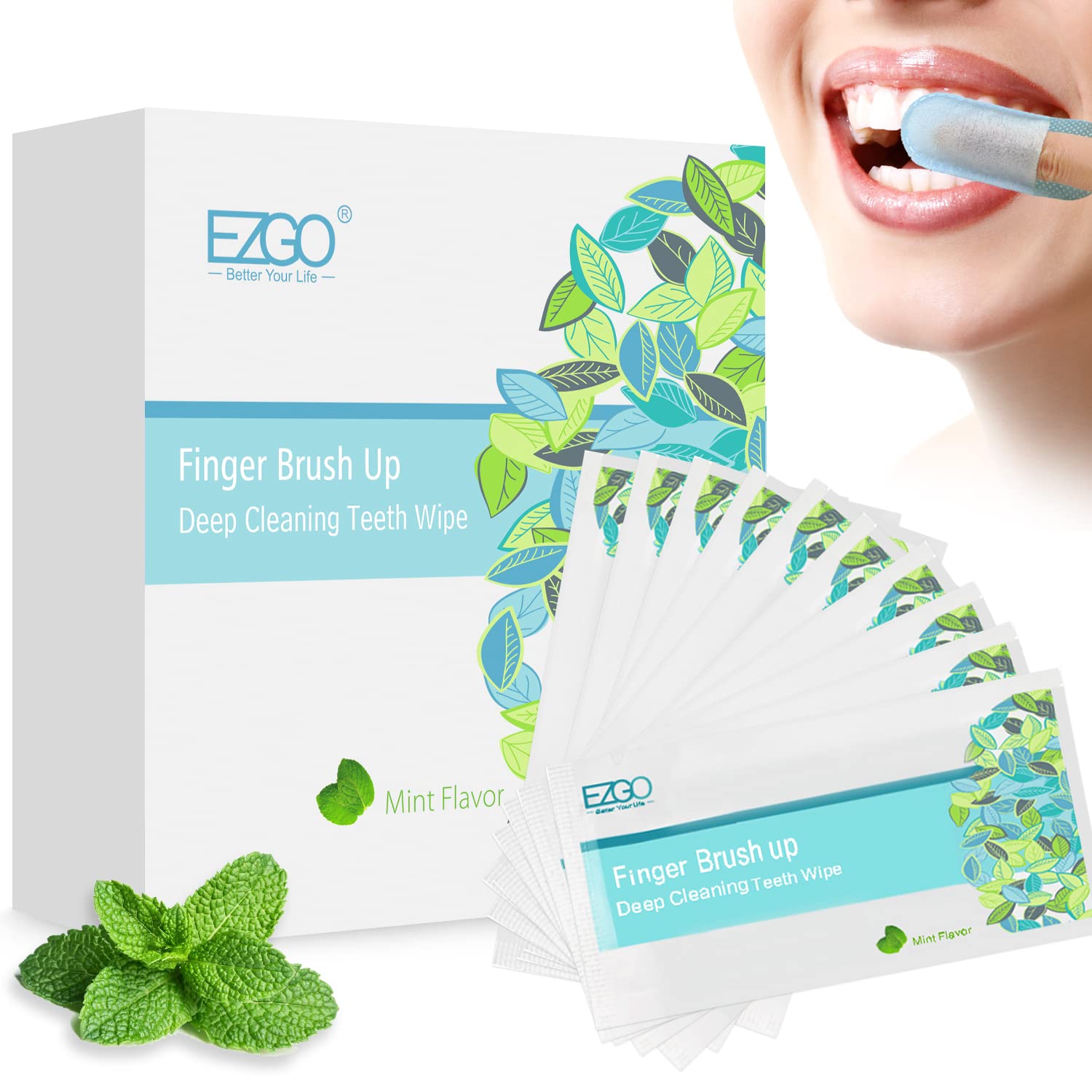 EZGO 100 pcs Disposable Textured Deep Cleaning Teeth Wipes Finger Brush