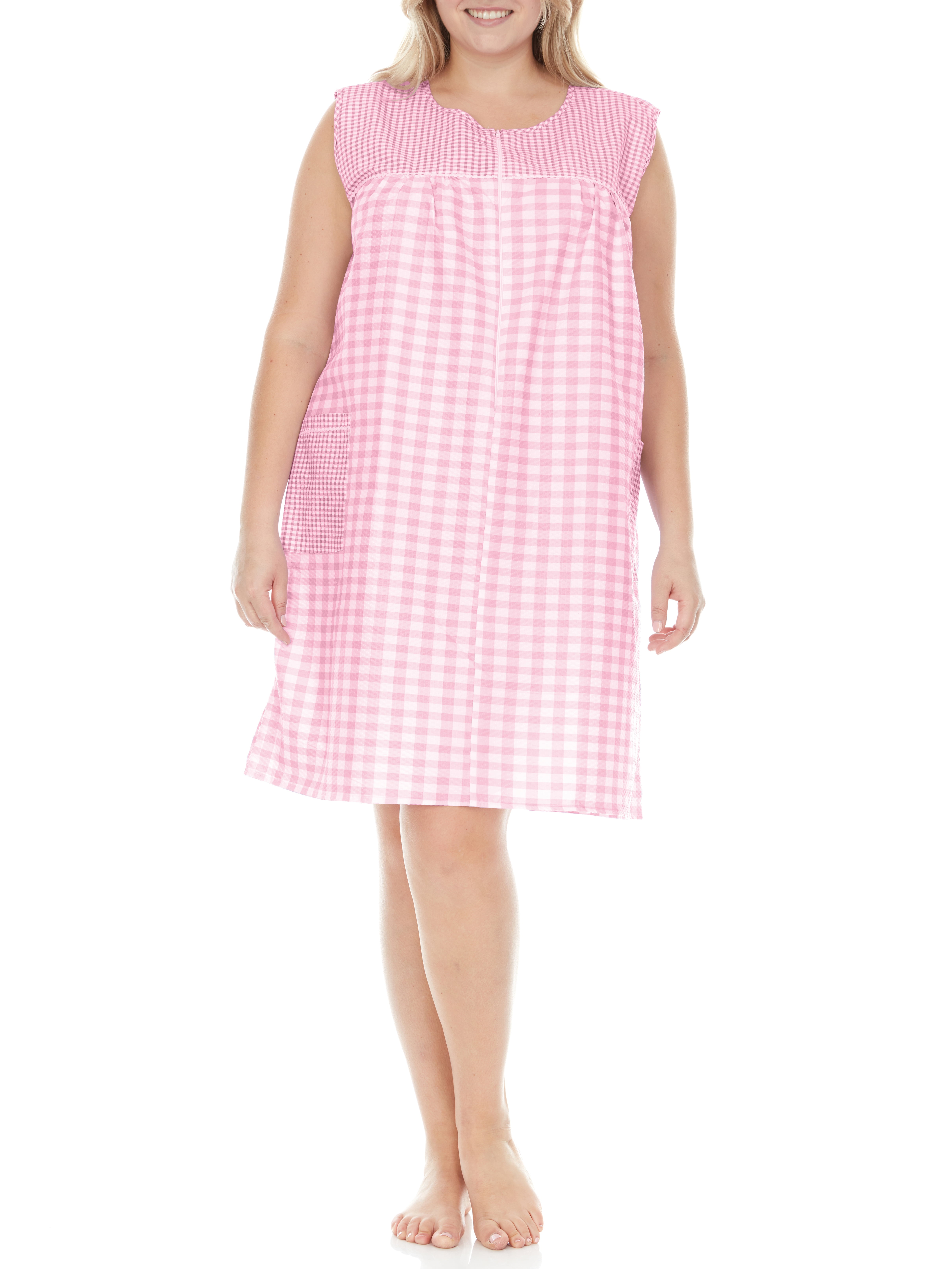 EZI House Dresses for Women with Pockets Moo Moos Gingham House Coat Sleevless Zipper Duster Dress Medium to Plus Size