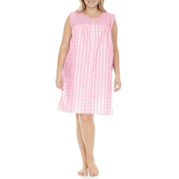 EZI House Dresses for Women with Pockets Moo Moos Gingham House Coat Sleevless Zipper Duster Dress - Medium to Plus Size