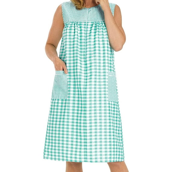 Ezi House Dresses for Women with Pockets - Moo Moos Gingham Dress - House Coat Sleevless Zipper Duster Dress - Medium to Plus Size,L,Green