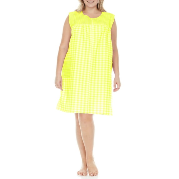 EZI House Dresses for Women with Pockets Moo Moos Gingham House Coat Sleevless Zipper Duster Dress - Medium to Plus Size