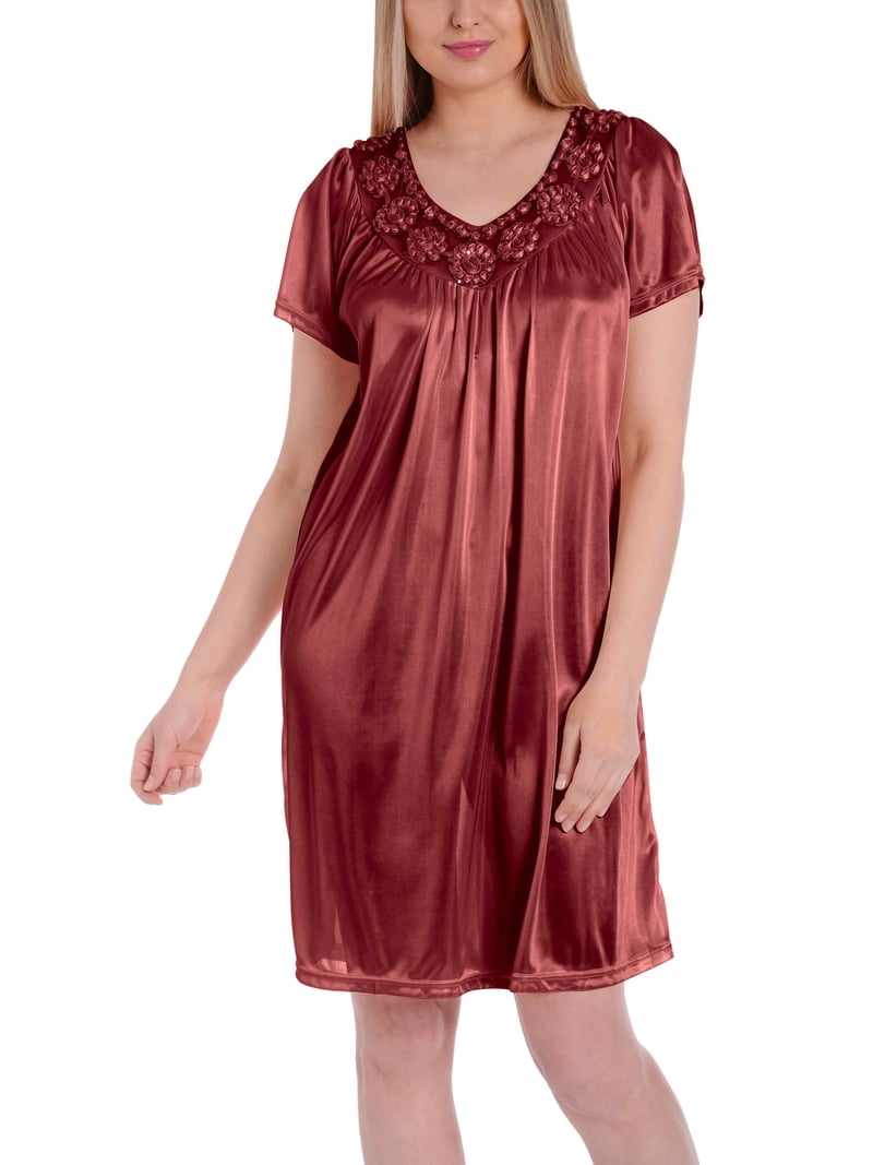 Ezi Satin Nightgowns for Women - Soft & Breathable Knee-Length Night Gowns  - Adult Womens Nightgown M - Plus Size,L,Red