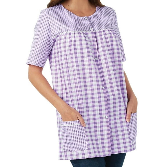 EZI Women's Plus Snap Front Short Sleeve Gingham Shift Seersucker Housecoat Apron Shirt