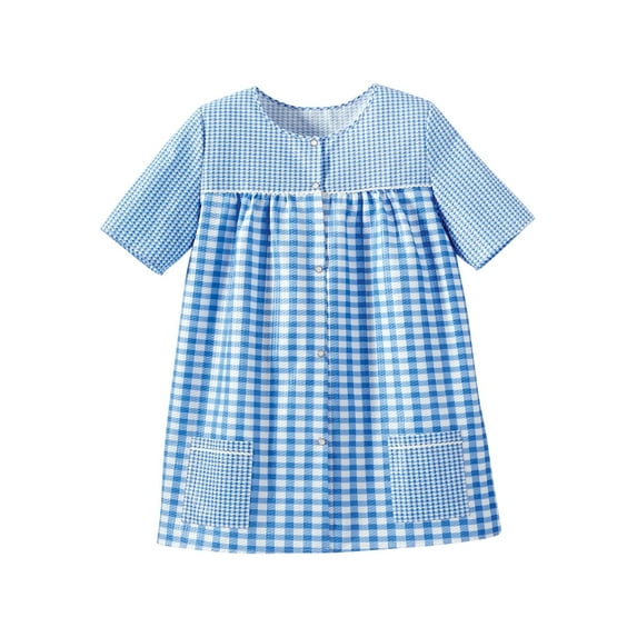 EZI Women's Plus Snap Front Short Sleeve Gingham Shift Seersucker Housecoat Apron Shirt