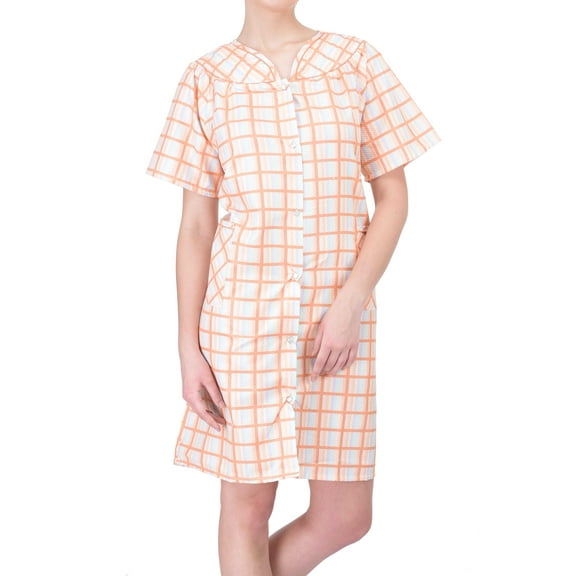 EZI Women's Short Sleeve Snap-Front Plaid Seersucker Cotton-rich House Coat