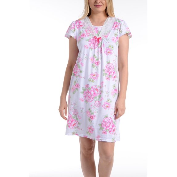 EZI Women's Silky-stretch Short Sleeve Lace Floral Print Nightgowns