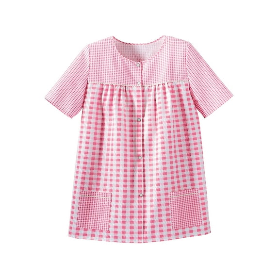 EZI Women's Snap Front Short Sleeve Gingham Shift Seersucker Housecoat Apron Shirt